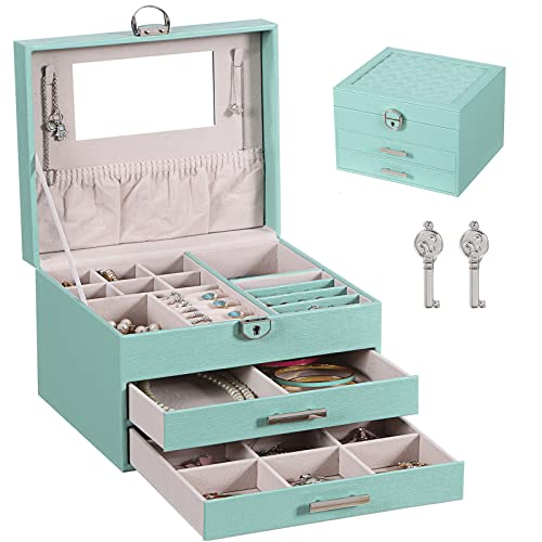 ANWBROAD Jewelry Box Jewelry Organizer Box Case Display Lockable with Drawers Mirror and Lock velvet Lining for jewelery Earring Necklace Ring women Teen Girls Gift Teal Green Faux Leather UJJB010Q