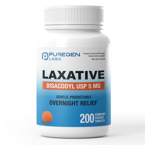 Puregen Labs Bisacodyl 5mg Tablet | 200 Count | Stimulant Laxative, Gentle and Fast Overnight Relief for Constipation
