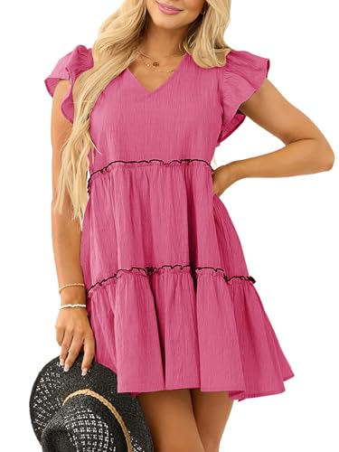 Image of Women's Summer Babydoll Mini Dress V Neck Tie Back Ruffle Sleeve Casual Tiered Loose Flowy Swing Tunic Shift Dress