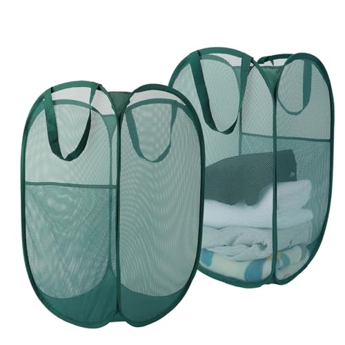 Image of Upgraded 100L Extra Large Collapsible Laundry Baskets, 2 Pack XL Mesh Pop Up Laundry Hamper with Handles, Portable Travel Laundry Basket, Foldable Hamper. Green
