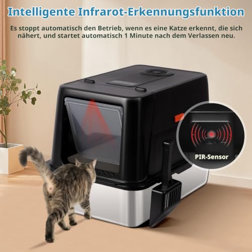 Bartuke Edelstahl-Wurfkiste,XXL Geschlossenes Katzenklo mit Schaufel für Großkatzen, Nicht klebend, auslaufsicher, leicht zu reinigen (Schwarz)