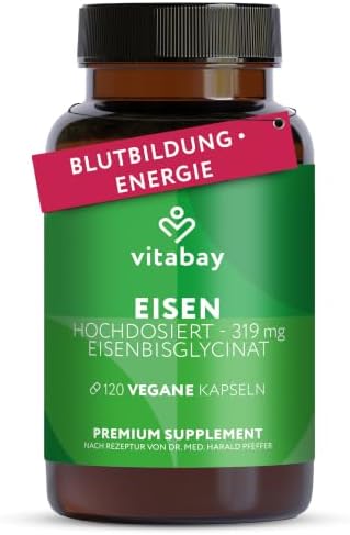 Vitabay Eisen Kapseln hochdosiert – 120 vegane Kapseln mit Eisenbisglycinat | 50 mg elementares Eisen – vegan, laborgeprüft, ohne unnötige Zusätze – 4 Monate Vorrat