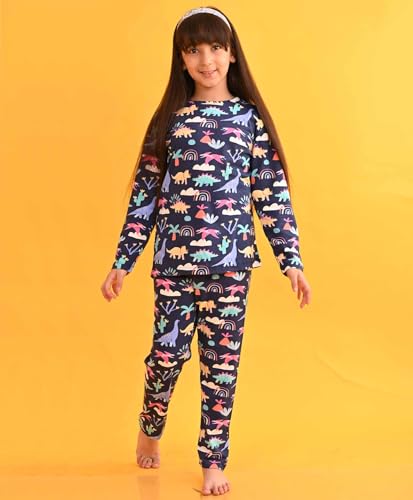 Image of ANTHRILO Pure Cotton Printed Pyjama Set for Girls | Regular Wear | Dinosaur Rainbow Long Sleeves Girls Pyjama Set - Blue 12-14 Years