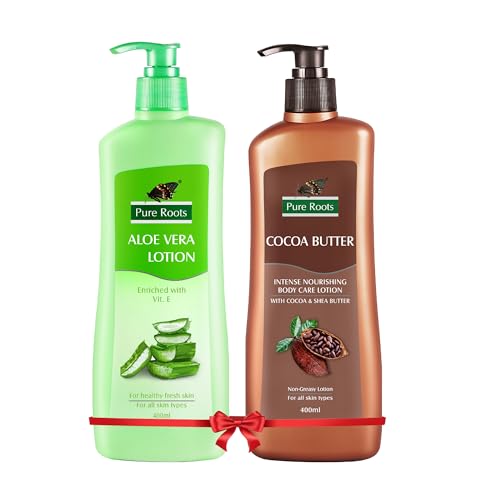Image of Pure Roots 400ml Each Aloe Vera & Cocoa Butter Body Lotion Combo Pack of 2 | Nourishing & Hydrating for Men & Women | Fast Absorbing, Non-Sticky Lotion for All Skin Types - Total 800ml