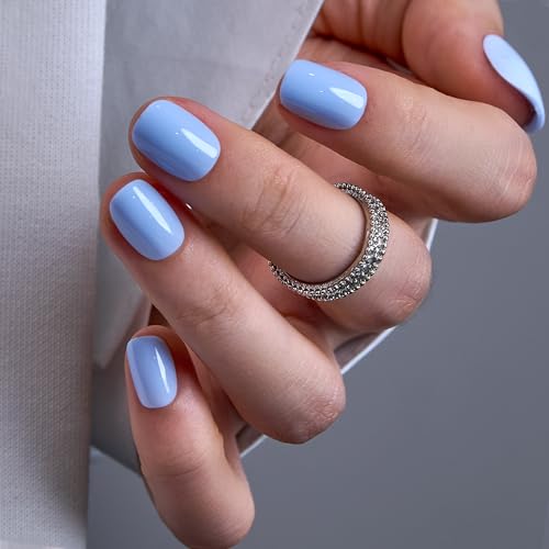 Image of CurvLife Soft Gel Press On Nails Square, Long-Lasting 32Pcs 16Size Reusable Stick On Fake Nails Kit with Glue Tabs, Glossy Salon-Style Manicure for Women Teens Beginners, At-Home (Sky Charm)