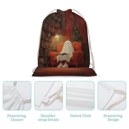 Cute Ghost Reading in Armchair Drawstring Backpack Canvas String Bag Lightweight Sports Gym Bag for Men Women4
