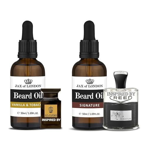 Jax of London Aftershave Inspired Beard Oil 100ml Bundle Pack. Beard Conditioning & Growth Oil with Vitamin E, Luxury Scented, Men’s Cologne Fragrance (Vanilla Tobacco and Signature)