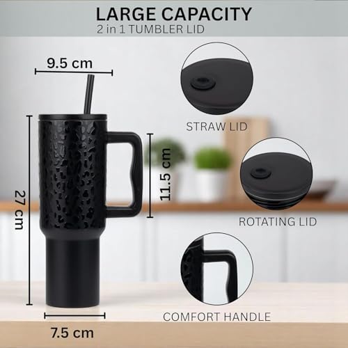 Image of Personalised with Your Name, 1200ml Tumbler with Straw-Handle-Stainless Steel Double Wall Insulated Cup | Leakproof Sipper Mug for Hot-Cold Drinks |Coffee - WaterTumbler (Leapard Black Custom)