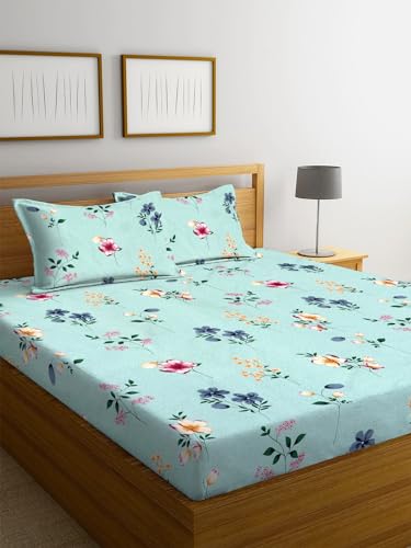 Image of NHD HOME Premium Cotton Feel Polycotton Elastic Fitted King Size Double Bedsheets with 2 Pillow Covers | All Around Elastic 210 TC Super Soft | Size - 72 King Size x 78+10 inches | Mint Green Floral
