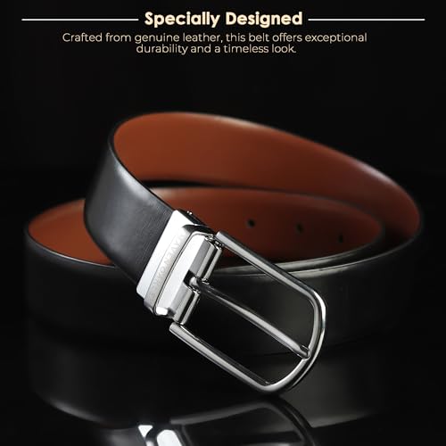 Image of Belts for Men Leather Original, Reversible Black & Brown Formal & Casual Italian Leather Belt with Solid Metal Curved Buckle