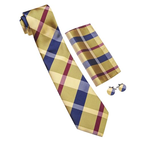Image of Barry.Wang Plaid Ties for Men Silk Necktie Handkerchief Cuff Links Set