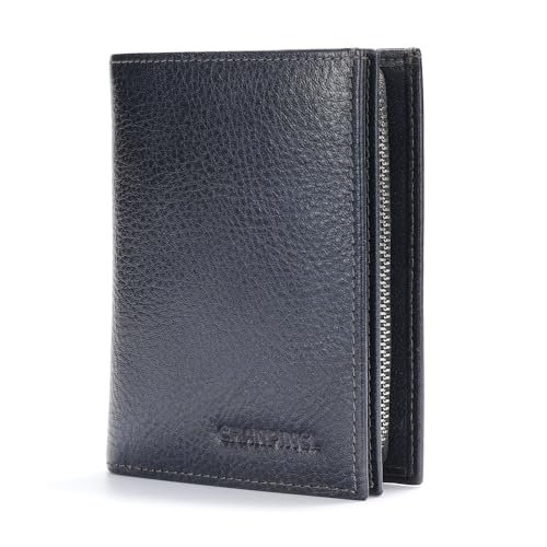 mens zipper leather rfid blocking buckle wallet with Large capacity card slot with multiple banknote slots (Bluish grey)
