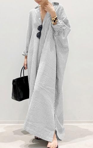CHARTOU Women Loose Striped Shirt Dress Long Sleeve Flowy Shift Dress Button Up Cotton Maxi Dress Kimono Beach Cover Ups2