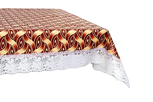 Image of The Furnishing Tree Waterproof PVC Rectangle Shaped 8 Seater Table Cover WxL 60x108 inches Interlocked Ropes Pattern Brown with White Border lace