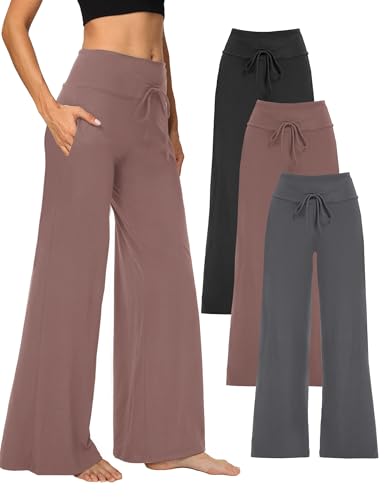 Image of Showitty 1 /3 Pack Women's Wide Leg Pants with Pockets, Casual Loose Pajama Palazzo Trousers Sweatpants for Yoga Lounge