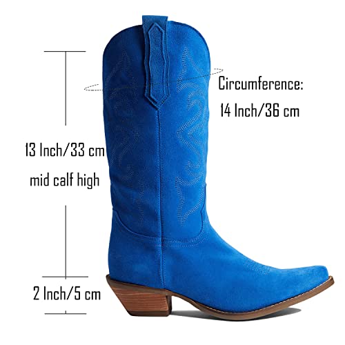 LEHOOR Cowboy Boots Women Embroidered Mid Calf Western Boots Stacked Low Heel Pointed Toe Pull On Cowgirl Boot 4-11 M US3