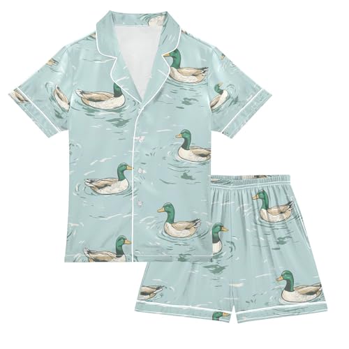 senya Mallard Duck Swimming P Satin Summer Pajama Sets Silk Short Sleeve Button Down Sleepwear