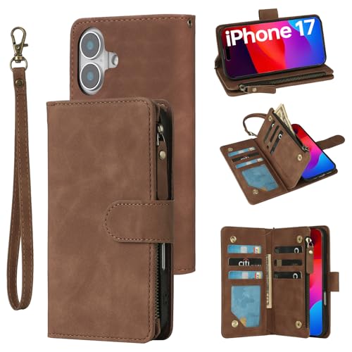 RANYOK Wallet Case Compatible with iPhone 17 Case, with 6 Card Holder RFID Blocking, PU Leather Zipper Flip Wallet Pocket, Kickstand, Wrist Strap | Protective Phone Cover for 17, Brown