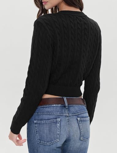 Balimtoy Women Cable Knit Cardigan Cropped Long Sleeve Crew Neck Button Down Sweater Cardigans Cute Y2k Fall Jackets3