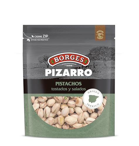 Borges - Pistachos Tostados y Salados Borges Fincas Pizarro - Alto contenido en vitamina B6 y E. Ricos en Magnesio, Hierro y Calcio - Frutos Secos Sin Gluten - Paquete de 780 gramos.