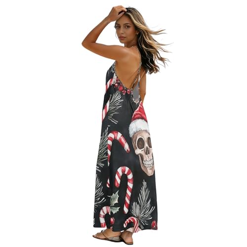 Robe longue de Noël amusante pour femme avec dos nu chic et fines bretelles