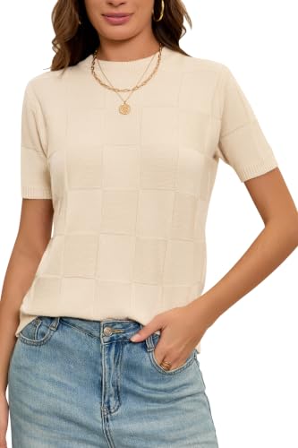 Image of Cakulo Women's Short Sleeve Summer Sweater Knit Tops | Checkered Pattern, Crew Neck, Lightweight Knit, Pullover Sweaters, Business Casual Work Tops Basic Clothes