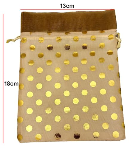 Image of 3A Featuretail 13CM X 18CM Small Drawstring Bags Pouches Potli for Gift Wedding Jewelry Packaging Bridal Party Favors for Women (15pc Pack, Cream Color Golden Polka Dot)