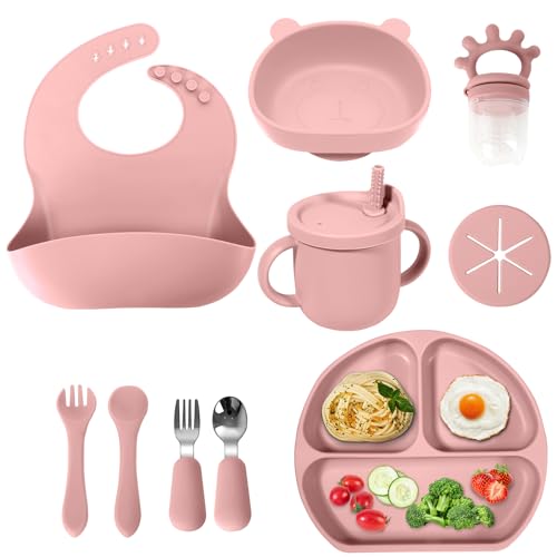 Image of Silicone Baby Feeding Set | Baby Led Weaning Supplies | Toddler Self Feeding Dish Set with Suction Bowl, Divided Plate,Sippy Cup Spoons Forks Teether and Adjustable Bib, Eating Utensils for 6+Months
