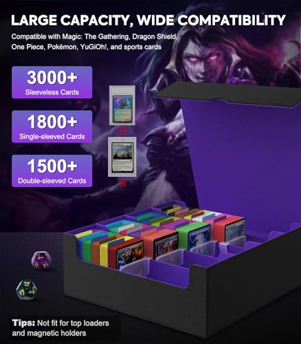 Image of MoKo Trading Card Storage Box, 3000+ MTG Deck Box with 24 Colorful Dividers & 4 Card Supporters, Commander Card Deck Case Fits for Magic Game Cards, YugiOh, TCG, PTG and Sport Cards, Black Purple