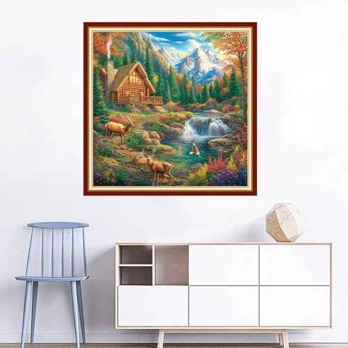 Image of Joyhoor Cross Stitch Kits for Beginners Stamped Cross-Stitch Supplies Needlework preprint Embroidery Kits for Adults DIY Needlepoint Kits Embroidery Patterns 11CT-Forest Home 18x18 inchs
