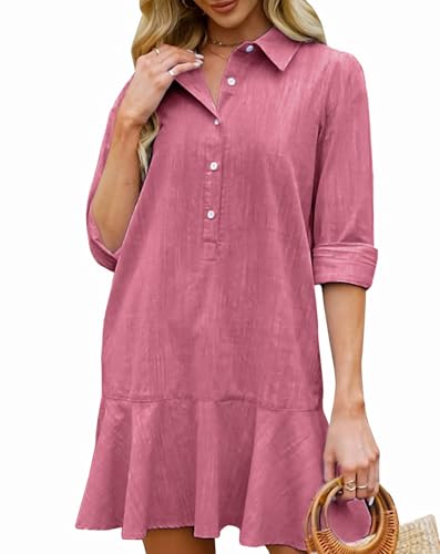 Image of YEXPINE Women's Tunic Mini Shirt Dress Cotton Linen Long Sleeve Button Up Ruffle Hem Loose Casual Summer Pockets Shift Dress