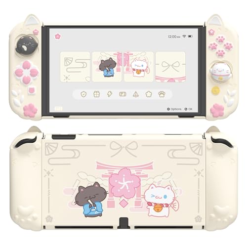 playvital Coque pour Switch OLED Protective Case avec Support & Capuchon Joystick,Housse Rigide Dockable pour Nintendo Switch OLED et Grip Silicone pour Joycon-Jaune Antique,Chaton Cerisiers