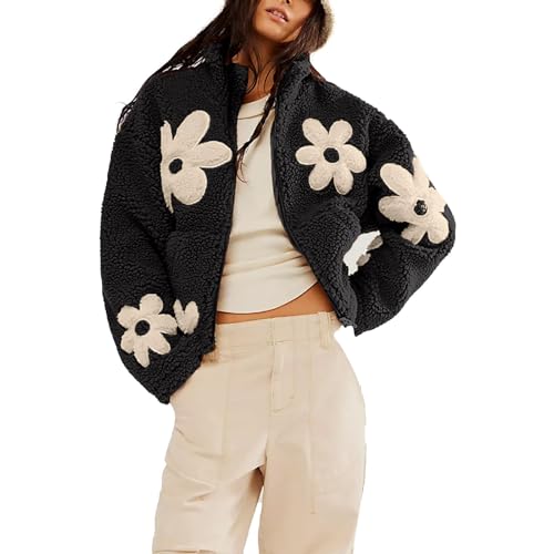 Image of Womens Full Zip Fleece Short Jacket Warm Winter Coat Long Sleeve Stand Collar Shaggy Fuzzy Cropped Fluffy Sherpa Coat