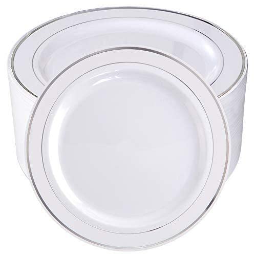 Elegantes platos de almuerzo y cena de plástico duro | Platos de plástico reutilizables ideales para fiestas, cenas, bodas y eventos, juego de 25 (borde plateado, 9 pulgadas 23 cm) Cover