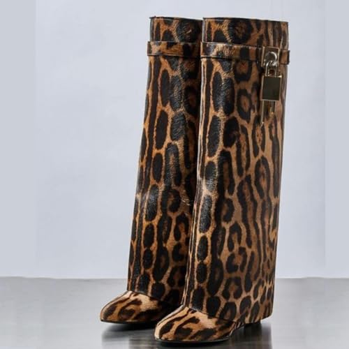 Image of keleimusi Fold Over Wedge Boots Heeled PadLock Pant Knee High Shoes Tall /Short Booties