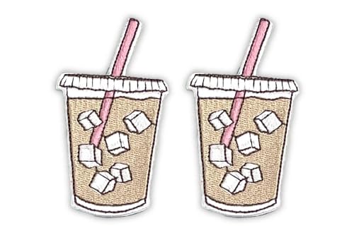 Embroidered Iced Coffee Patch, 3" x 1.75", Pink, Iron-On for Hats, Bags, Jackets, 2-Pack