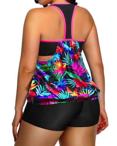 Image of Womens Plus Size Tankini Swimsuit Two Piece Tummy Control Bathing Suit | Blouson Racerback Tankini Top with Shorts, Double Up Design, Removable Pad