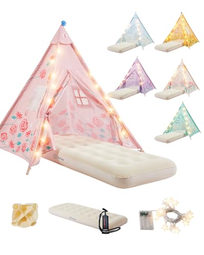 Lot de 6 Tentes Tipi pour Enfants avec Matelas Gonflables et Guirlandes Lumineuses – Kit Complet Soirée Pyjama, Cabane de Jeu Intérieur & Extérieur pour Filles et...