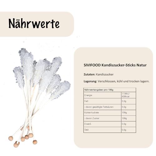 SIVIFOOD weiße Kandiszucker Sticks Natur 25 Stück Vorteilspack - natürlicher weißer Kandis am Stiel für Tee Zucker am Stab Kandissticks zum verschenken Geschenk Dekoration Weihnachten Kristallzucker