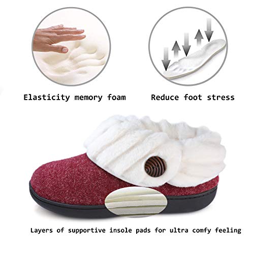 Wishcotton Women's Fuzzy Felt Slippers, Ladies' Closed Back House Shoes With Nonslip Rubber Sole, Wine, Size 6 #TOP3