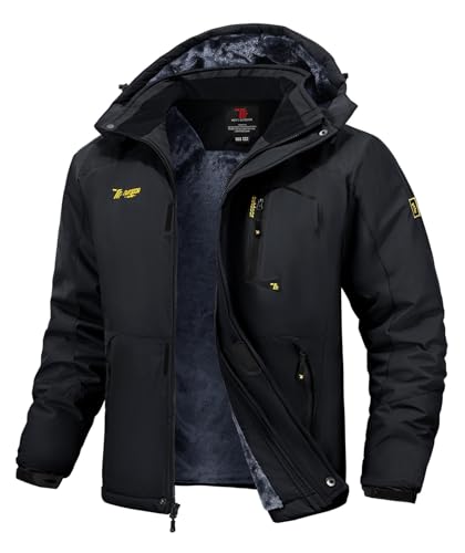 Rdruko Skijacke Herren Warme Winterjacke Gefüttert Verdickt Softshelljacke Wasserdicht Snowboardjacke Atmungsaktiv Funktionsjacke mit Abtrennbarer Kapuze(Schwarz, L)