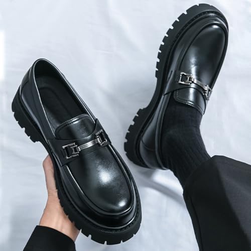 Men's Patent Leather Platform Penny Loafers Fashion Metal Decoration Non-Slip Lug Sole Business Dress Shoes Comfort Slip-on Round Toe Casual Work Shoes3