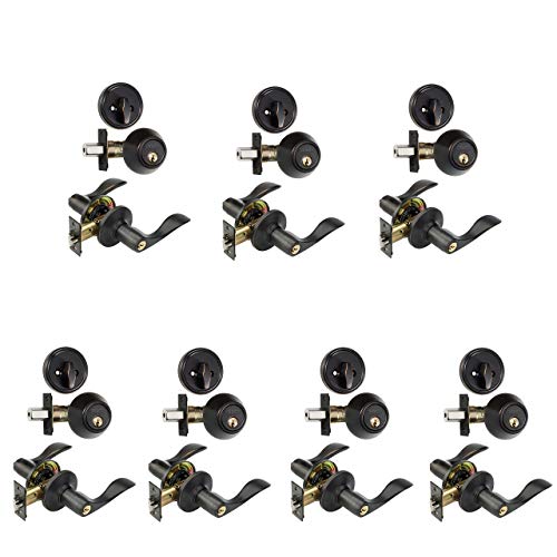 Dynasty Hardware CP-HER-12P, Heritage Front Door Entry Lever Lockset and Single Cylinder Deadbolt Combination Set, Aged Oil Rubbed (7 Pack) Keyed Alike