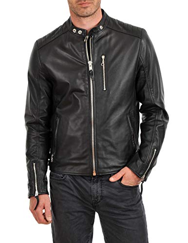 Image of 100% Leather Jacket for Men - Round Collar Slim Fit - Moto, Bomber, Biker Winter Casual Wear