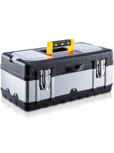 CROWNSHOP 19 Inch Metal Tool Box with Tray & Dual Latch Storage Case