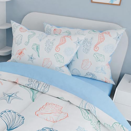 Image of Kids Bedding Set for Girls Boys, Ultra Soft Microfiber Comforter Set Full Size with 4-Pieces, Seashell Ocean Comforters Bed Sets for Kid Children Teen Tween Bedroom Decor