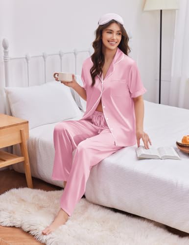 Image of Ekouaer Silk Satin Pajamas for Women Set 2 Piece Short Sleeve Button Up Pjs