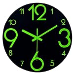 Plumeet Luminous Wall Clocks - 12'' Non-Ticking Silent Wooden Clock with Night Light - Large Numbers Decorative Wall Clock for Kitchen Office Bedroom (Black Face)