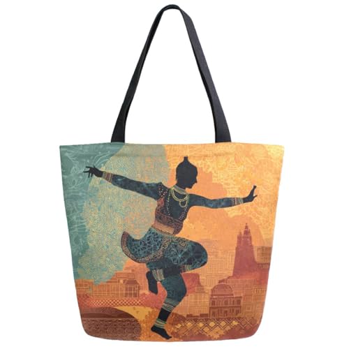 Indian Ethnic Dancing Man Extra Large Canvas Gym Shoulder Tote,Durable Daily Reusable Top Handle Bag for Mens Womens Yoga Weekender Picnic Beach Travel Market Shopping