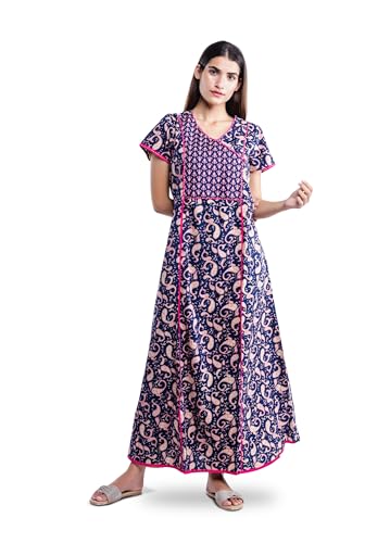 Image of NIHSAMAH Cotton Night Gown for Women - Angrakha Style Nighty, Comfortable Sleepwear /Nightwear /Maxi